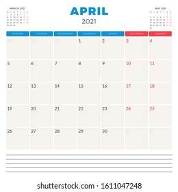 Calendar planner for April 2021. Week starts on Monday. Printable vector stationery design template