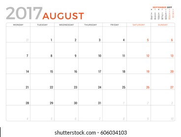 Calendar Planner for August 2017 Year. Vector Design Template. Week Starts Monday. 2 Months on Page. Stationery Design