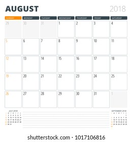 Calendar Planner for August 2018. Design Template. Week Starts on Sunday. 3 Months on the Page