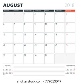 Calendar Planner for August 2018. Design Template. Week Starts on Monday. 3 Months on the Page