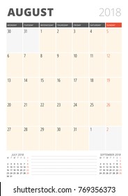 Calendar Planner for August 2018. Print Design Template. Week Starts on Monday. Vector Illustration. Stationery Design