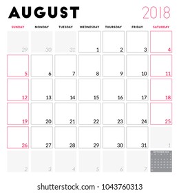 Calendar planner for August 2018. Week starts on Sunday. Printable vector design template. Stationery design