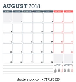 Calendar planner for August 2018. Week starts on Monday. Printable vector design template. Stationery design