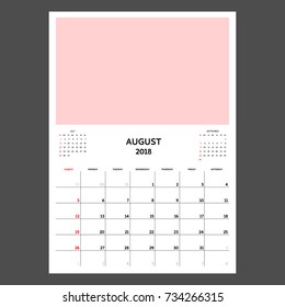 Calendar Planner for August 2018. Week starts on Sunday. Template with place for photo.