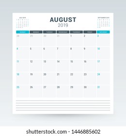 Calendar planner for August 2019. Stationery design template. Vector illustration