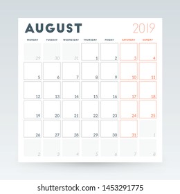 Calendar planner for August 2019. Stationery design template. Vector illustration