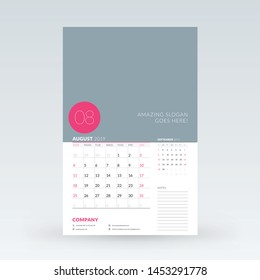 Calendar planner for August 2019. Stationery design template. Vector illustration