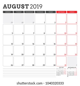 Calendar planner for August 2019. Week starts on Monday. Printable vector stationery design template