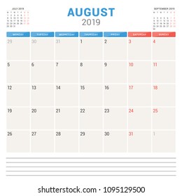 Calendar planner for August 2019. Week starts on Monday. Printable vector stationery design template