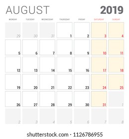 Calendar planner for August 2019. Week starts on Monday. Printable vector stationery design template