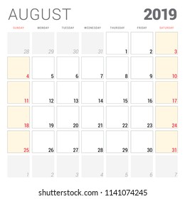 Calendar planner for August 2019. Week starts on Sunday. Printable vector stationery design template