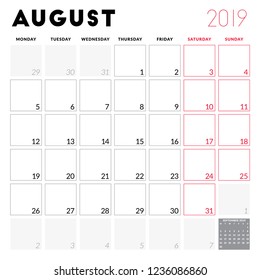 Calendar planner for August 2019. Week starts on Monday. Printable vector stationery design template