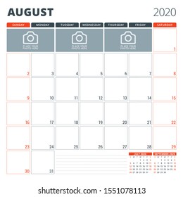 Calendar planner for August 2020. Stationery design template. Week starts on Sunday. Vector illustration