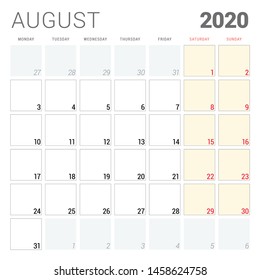 Calendar planner for August 2020. Week starts on Monday. Printable vector stationery design template