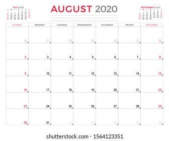 Calendar planner for August 2020. Week starts on Sunday. Printable vector stationery design template