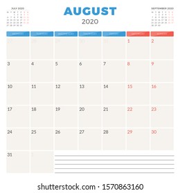 Calendar planner for August 2020. Week starts on Monday. Printable vector stationery design template