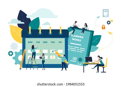 Calendar planner, business concept. Business task organization of work, business contract, the girl works at the computer, teamwork. Symbols of little people.Vector illustration, graphic design, green