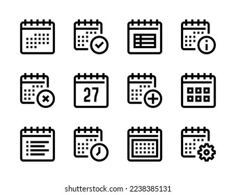 Iconos vectoriales de línea Calendario, Planificador y Fecha. Juego de iconos de esquema de esquema modificable de planificación, evento y cita.