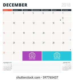 Calendar Planner for December 2018. Design Template. Week Starts on Sunday. 3 Months on the Page. Phases of the Moon.