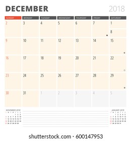 Calendar Planner for December 2018. Design Template. Week Starts on Sunday. 3 Months on the Page
