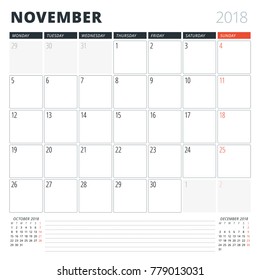 Calendar Planner for December 2018. Design Template. Week Starts on Monday. 3 Months on the Page