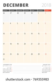 Calendar Planner for December 2018. Print Design Template. Week Starts on Monday. Vector Illustration. Stationery Design