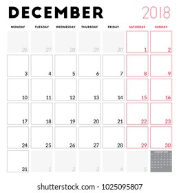 Calendar planner for December 2018. Week starts on Monday. Printable vector design template. Stationery design