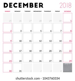 Calendar planner for December 2018. Week starts on Sunday. Printable vector design template. Stationery design
