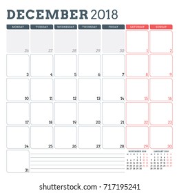 Calendar planner for December 2018. Week starts on Monday. Printable vector design template. Stationery design