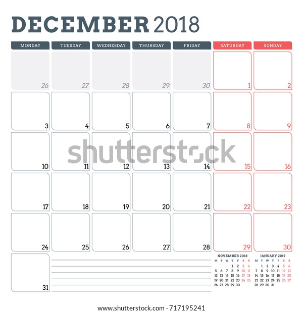 Calendar Planner December 2018 Week Starts Stock Vector (Royalty Free ...