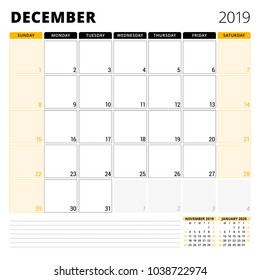 Calendar planner for December 2019. Stationery design template. Week starts on Sunday. 3 months on the page. Vector illustration