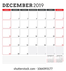 Calendar planner for December 2019. Week starts on Sunday. Printable vector stationery design template