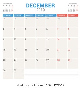 Calendar planner for December 2019. Week starts on Monday. Printable vector stationery design template