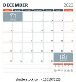 Calendar planner for December 2020. Stationery design template. Week starts on Sunday. Vector illustration