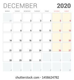 Calendar planner for December 2020. Week starts on Monday. Printable vector stationery design template