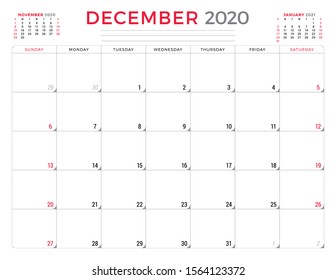 Calendar planner for December 2020. Week starts on Sunday. Printable vector stationery design template