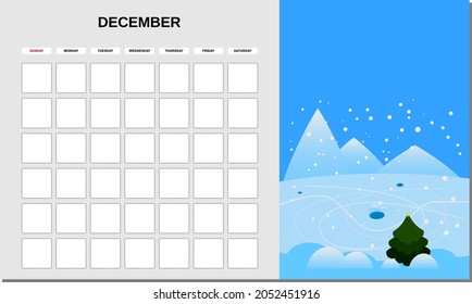Calendar Planner December month. Minimalistic landscape natural backgrounds Winter. Monthly template for diary business. Vector isolated
