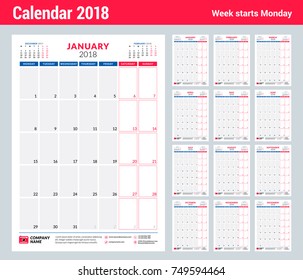 Calendar planner design template for 2018 year. Portrait orientation. Week starts on Monday. Stationery design. Set of 12 months