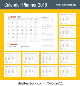Calendar planner design template for 2018 year. Set of 12 months. Week starts on Monday. Stationery design