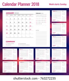 Calendar planner design template for 2018 year. Set of 12 months. Week starts on Sunday. Stationery design