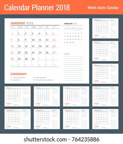 Calendar planner design template for 2018 year. Set of 12 months. Week starts on Sunday. Stationery design
