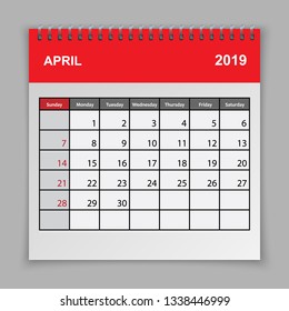 Calendar planner design template. April 2019 year