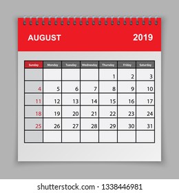 Calendar planner design template. August 2019 year