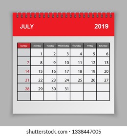 Calendar planner design template. July 2019 year
