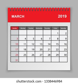 Calendar planner design template. March 2019 year