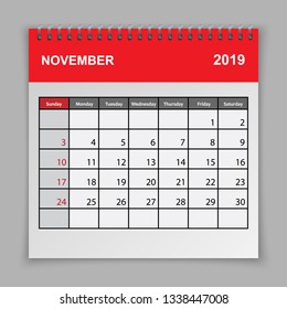 Calendar planner design template. November 2019 year