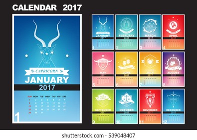 Calendar planner design for the year 2017, Zodiac vintage badge concept, Vector eps10 template