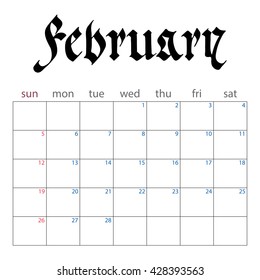 calendar planner for february 2017. handwritten name of month in the Gothic style. week starts sunday. vector illustration isolated on a white background