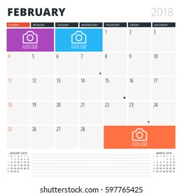 Calendar Planner for February 2018. Design Template. Week Starts on Sunday. 3 Months on the Page. Phases of the Moon.