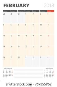 Calendar Planner for February 2018. Print Design Template. Week Starts on Monday. Vector Illustration. Stationery Design